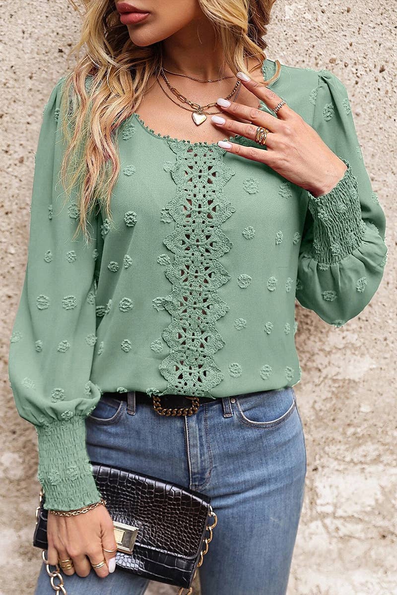 Lily Clothing - WOMEN FLORAL LACED SWISS DOT RIBBED SLEEVE BLOUSE_CWTSTL0282