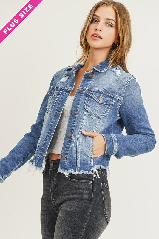 Risen PLUS SIZE DISTRESSED FRAYED HEM JACKET