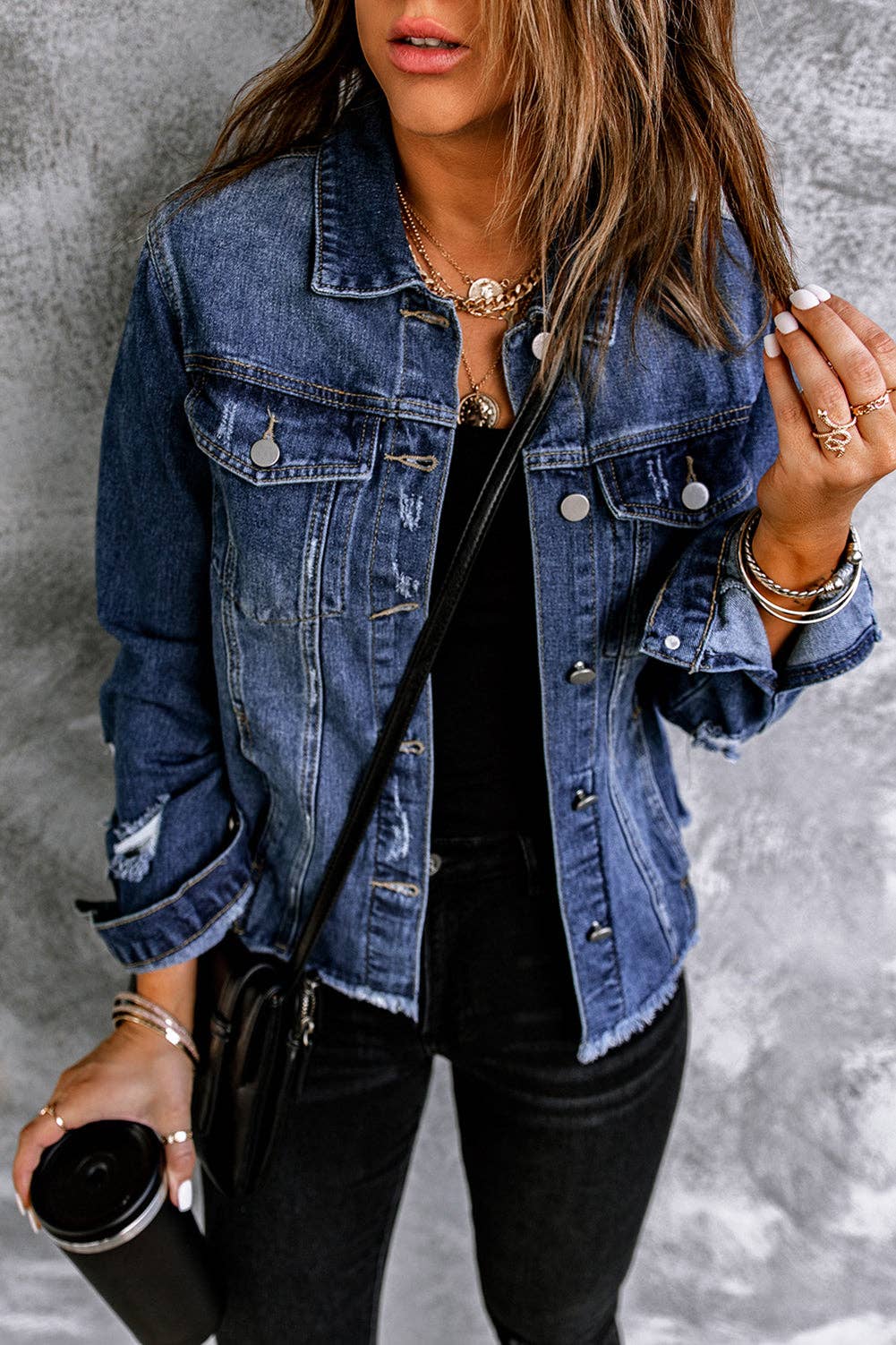 Lovesoft - Lapel Distressed Raw Hem Buttons Denim Jacket