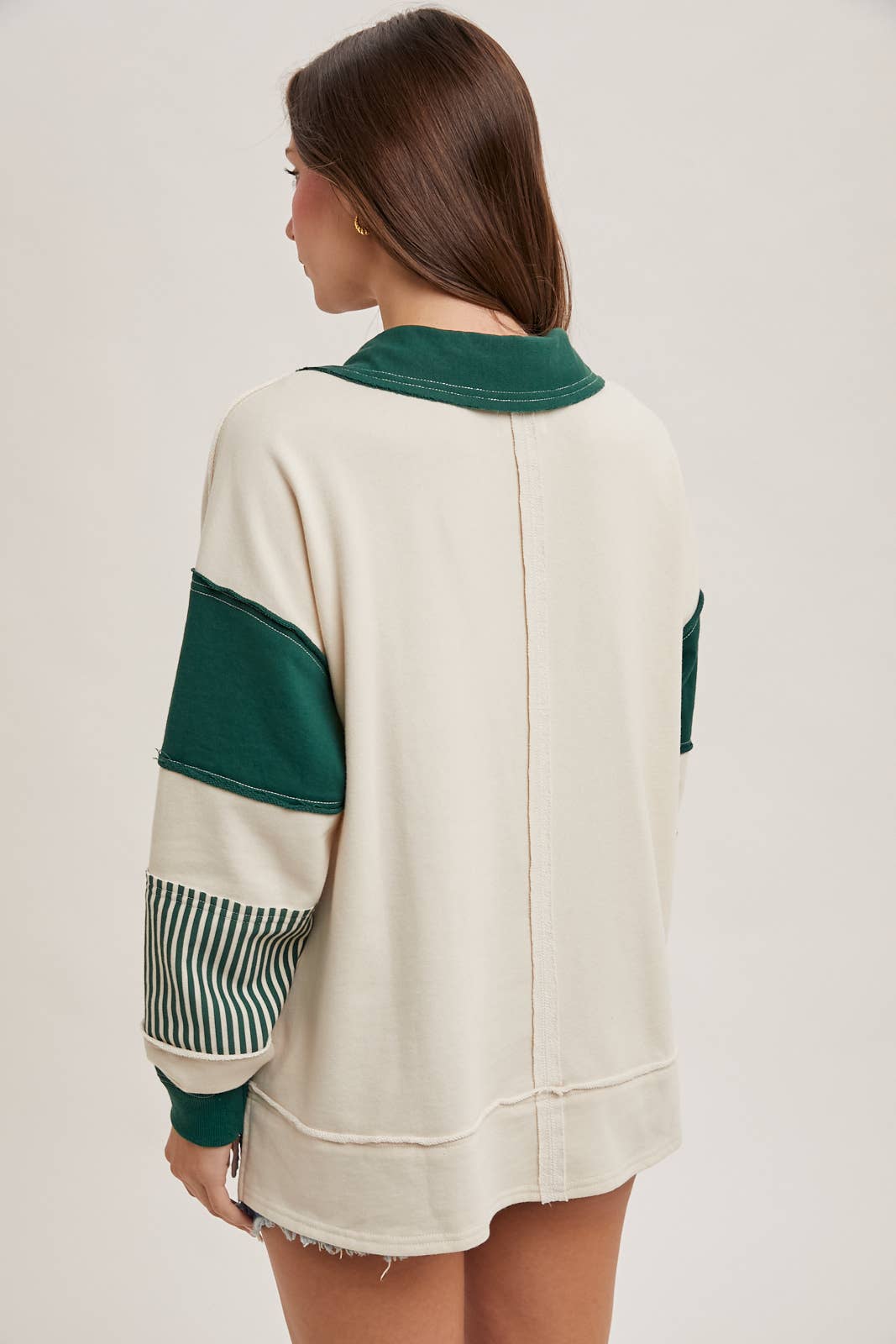 Bluivy - COLOR BLOCK CONTRAST HALF-BUTTON COLLAR KNIT TOP