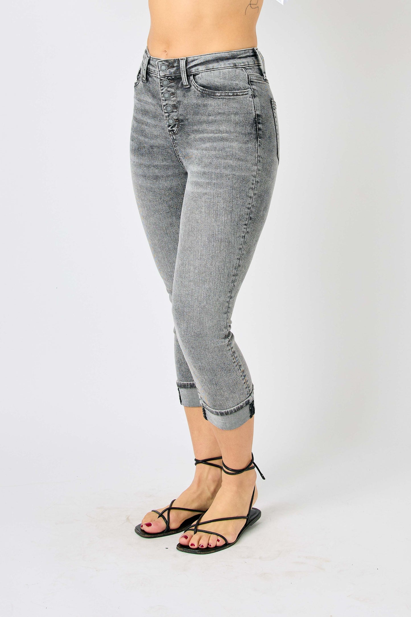 Judy Blue HW Cuffed Button Fly Capri Jean in Gray