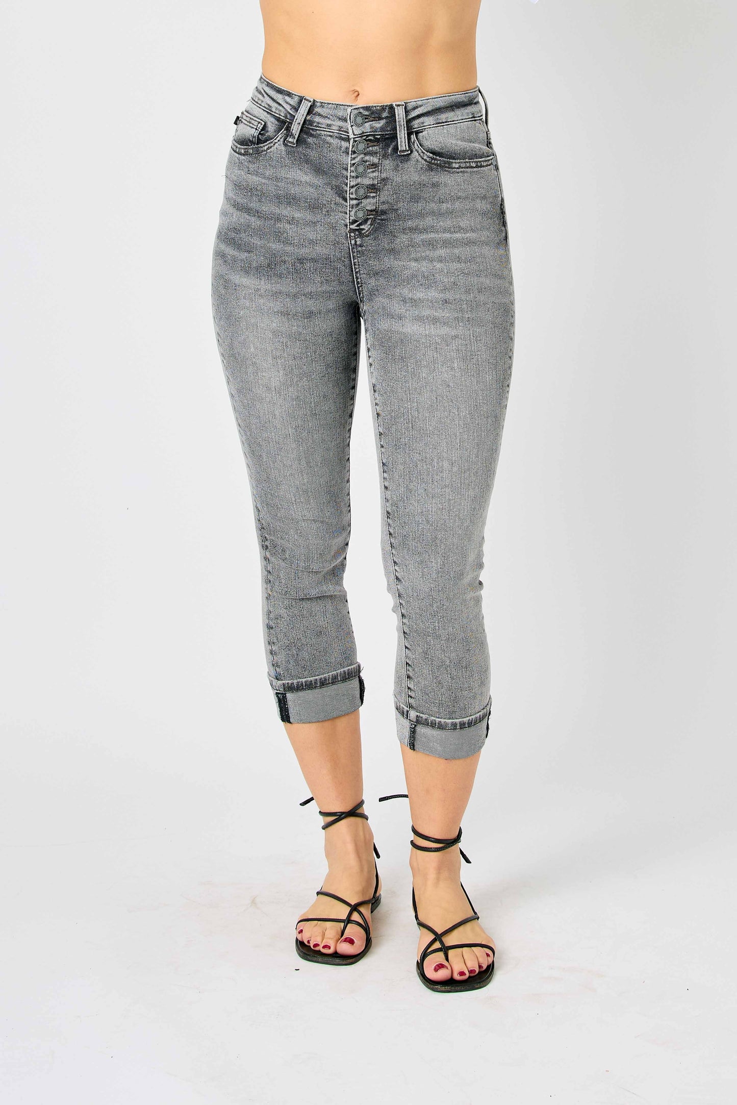 Judy Blue HW Cuffed Button Fly Capri Jean in Gray