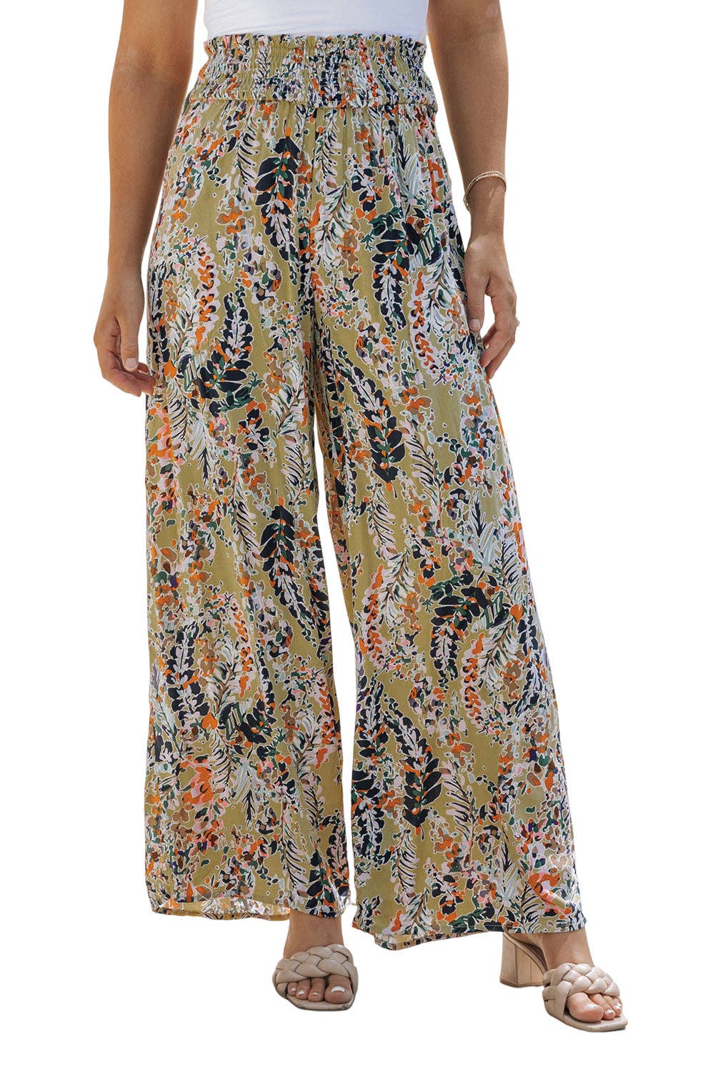 Lovesoft - Multicolor Floral Print Shirred High Waist Wide Leg Casual Pants