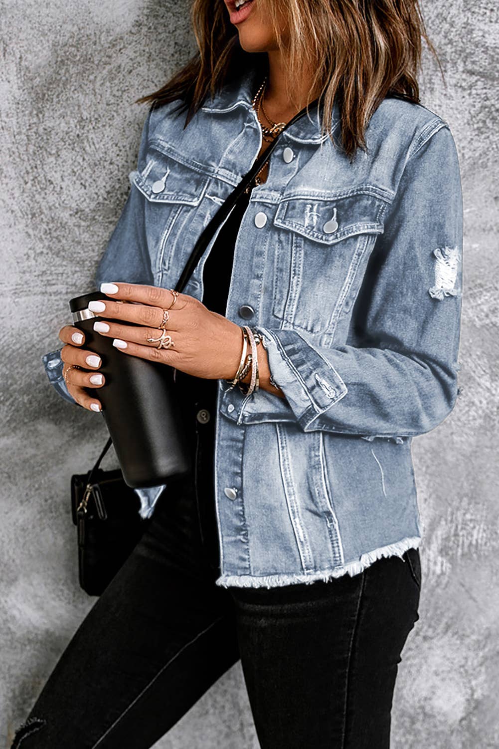 Lovesoft - Lapel Distressed Raw Hem Buttons Denim Jacket