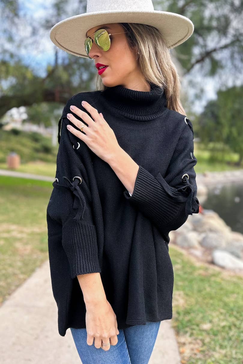AMOLI - Black Lace-Up Sleeve Turtleneck Knitted Poncho Top