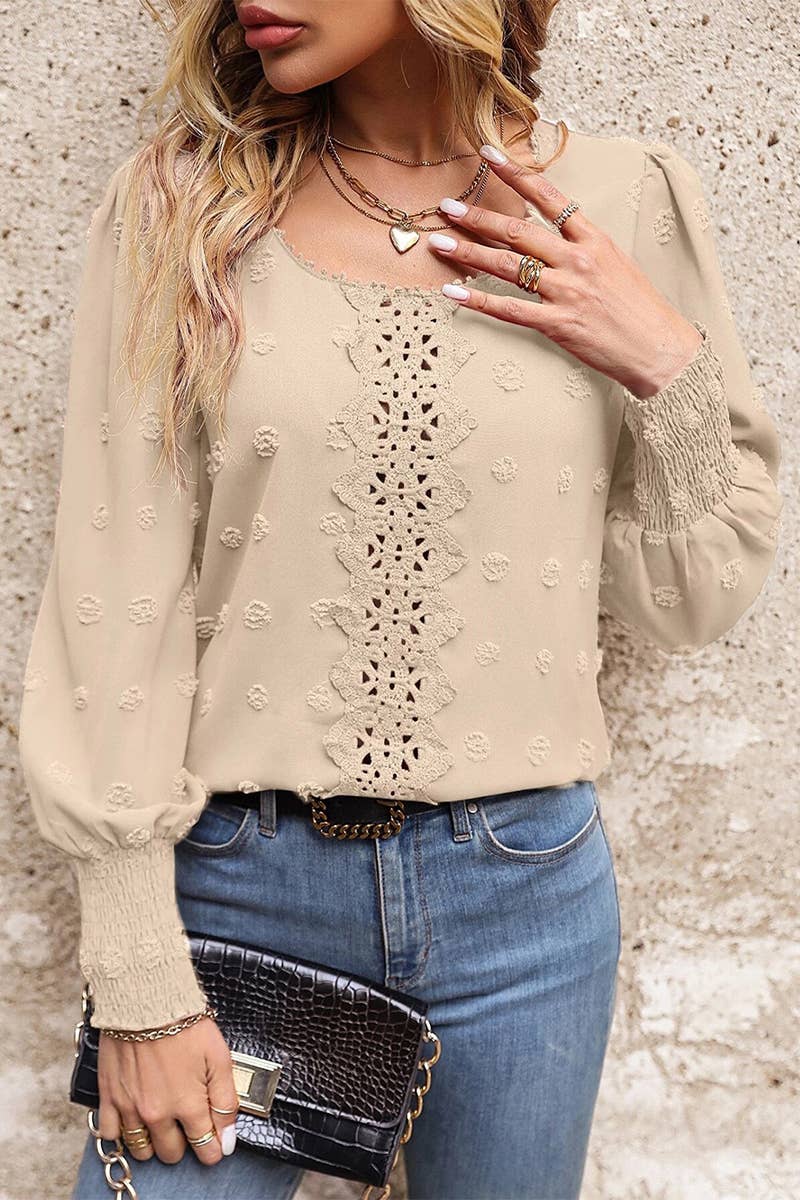 Lily Clothing - WOMEN FLORAL LACED SWISS DOT RIBBED SLEEVE BLOUSE_CWTSTL0282