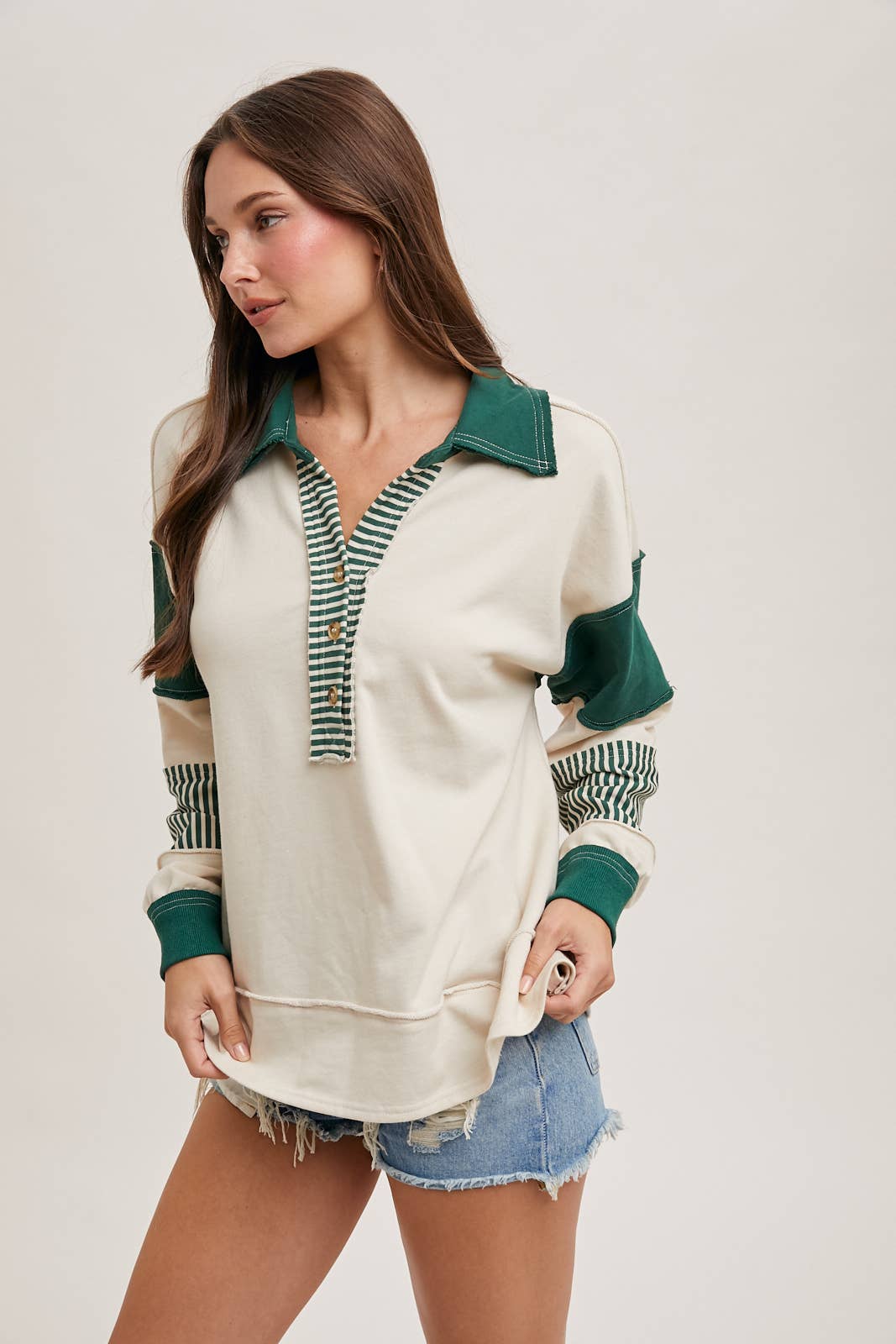 Bluivy - COLOR BLOCK CONTRAST HALF-BUTTON COLLAR KNIT TOP