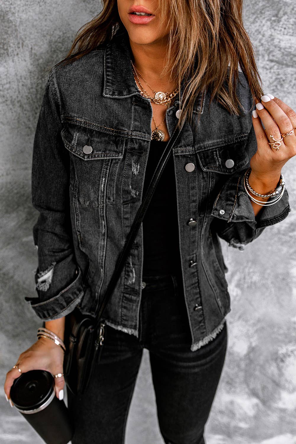 Lovesoft - Lapel Distressed Raw Hem Buttons Denim Jacket