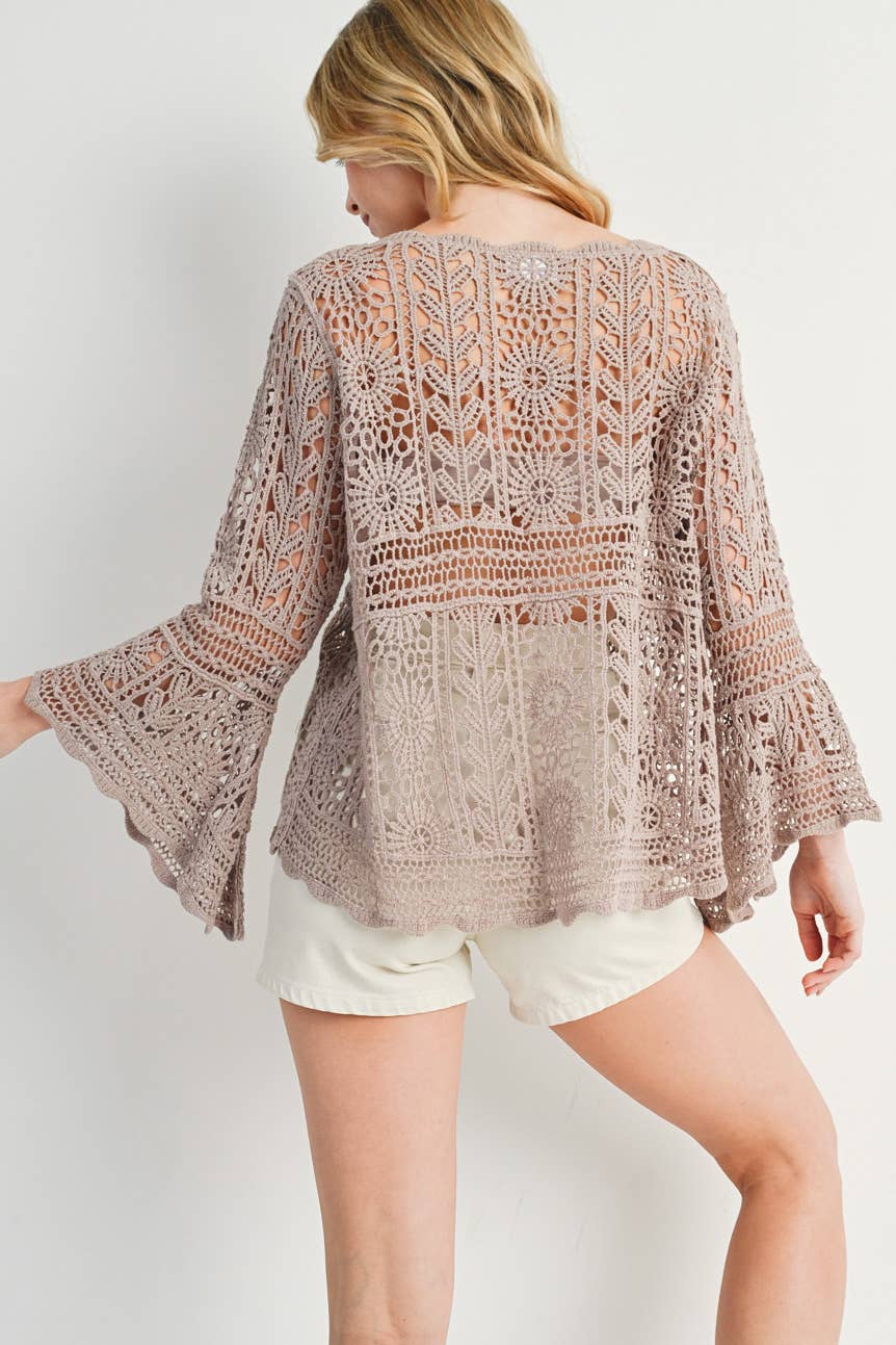 Bluivy - CROCHET SHEER BELL-SLEEVE PULLOVER TOP