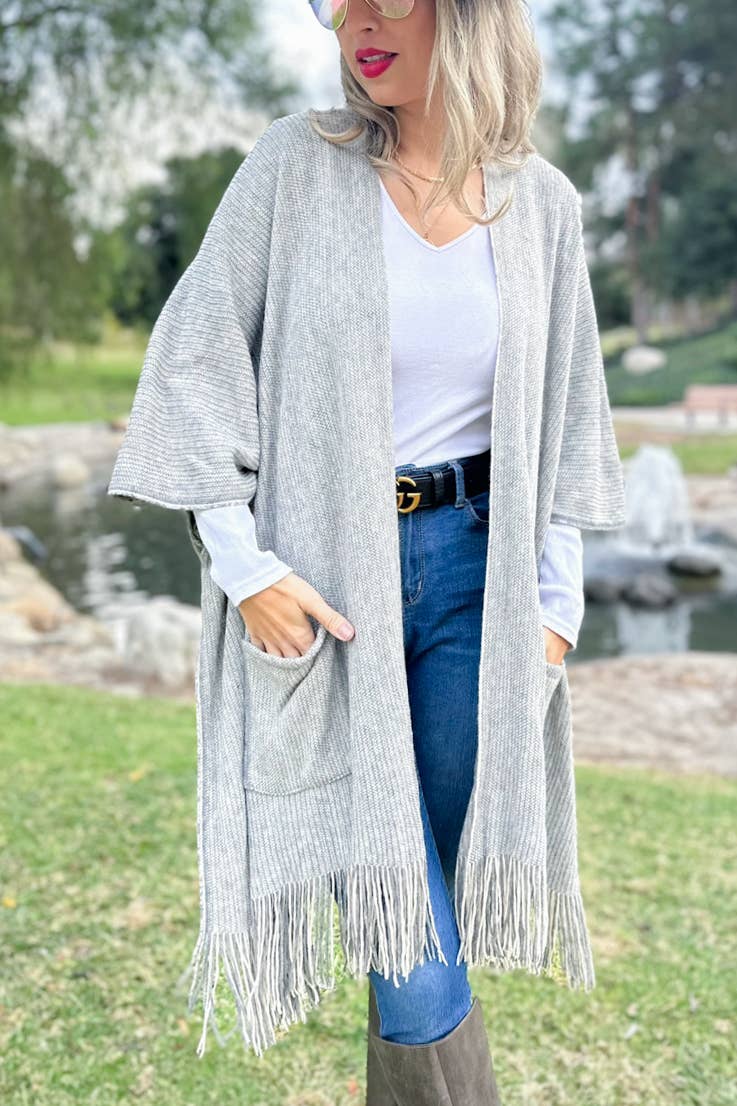 AMOLI - Grey Soft Knitted Pocket Kimono Cardigan With Fringe