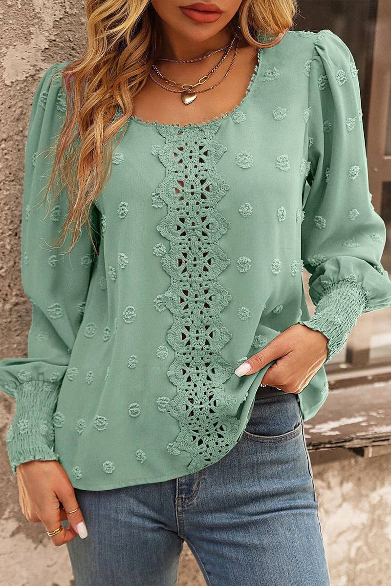 Lily Clothing - WOMEN FLORAL LACED SWISS DOT RIBBED SLEEVE BLOUSE_CWTSTL0282