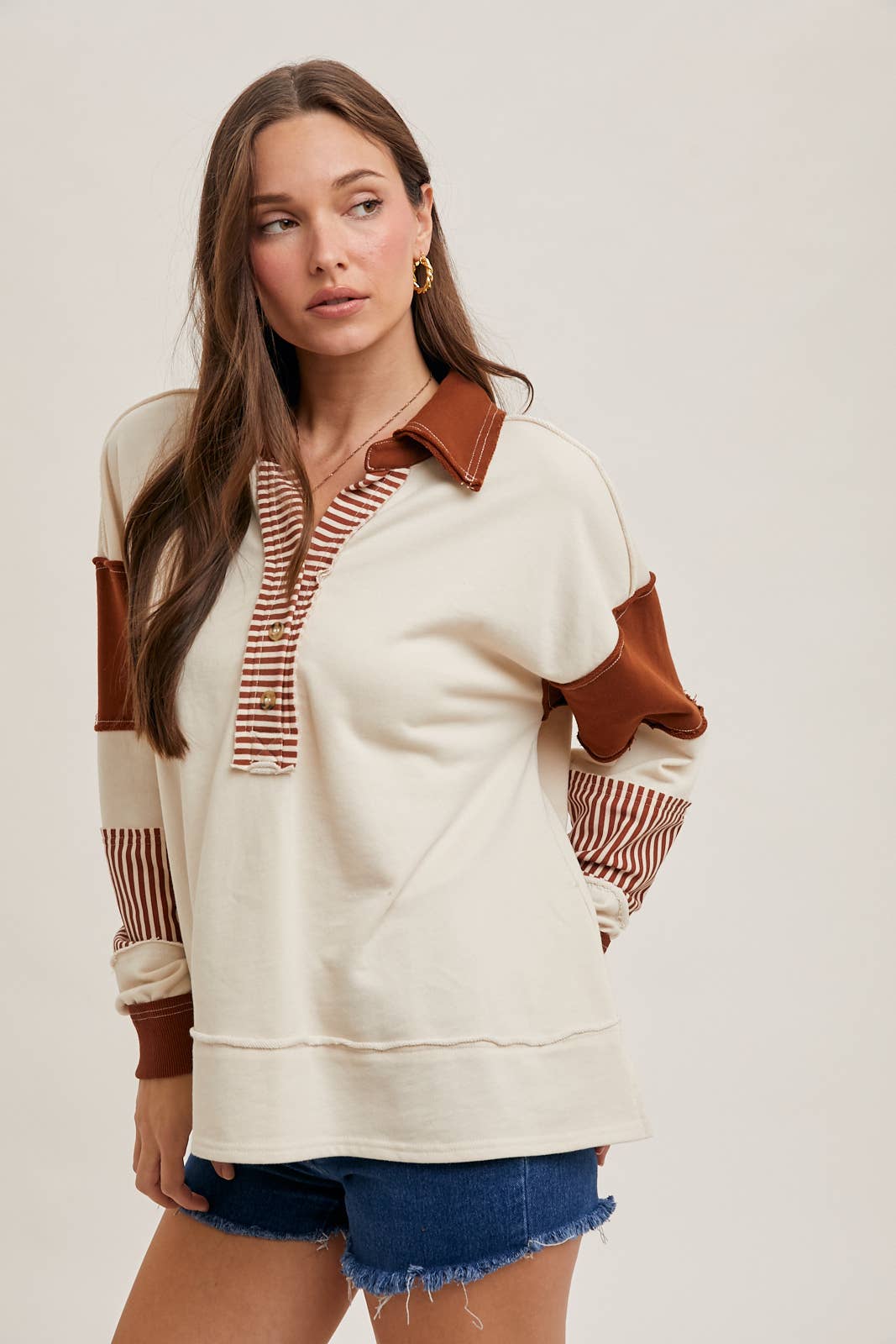 Bluivy - COLOR BLOCK CONTRAST HALF-BUTTON COLLAR KNIT TOP