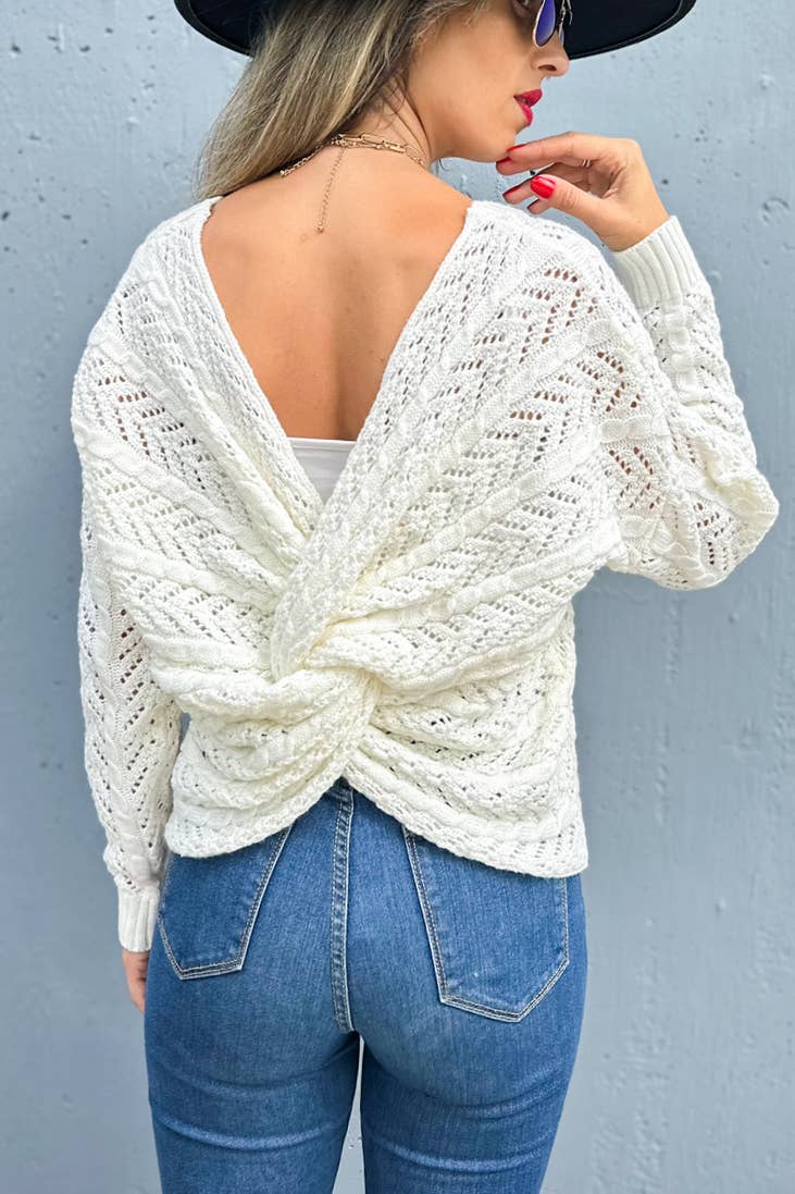 AMOLI - Ivory Textured Twist Detail Back Knitted Sweater Top