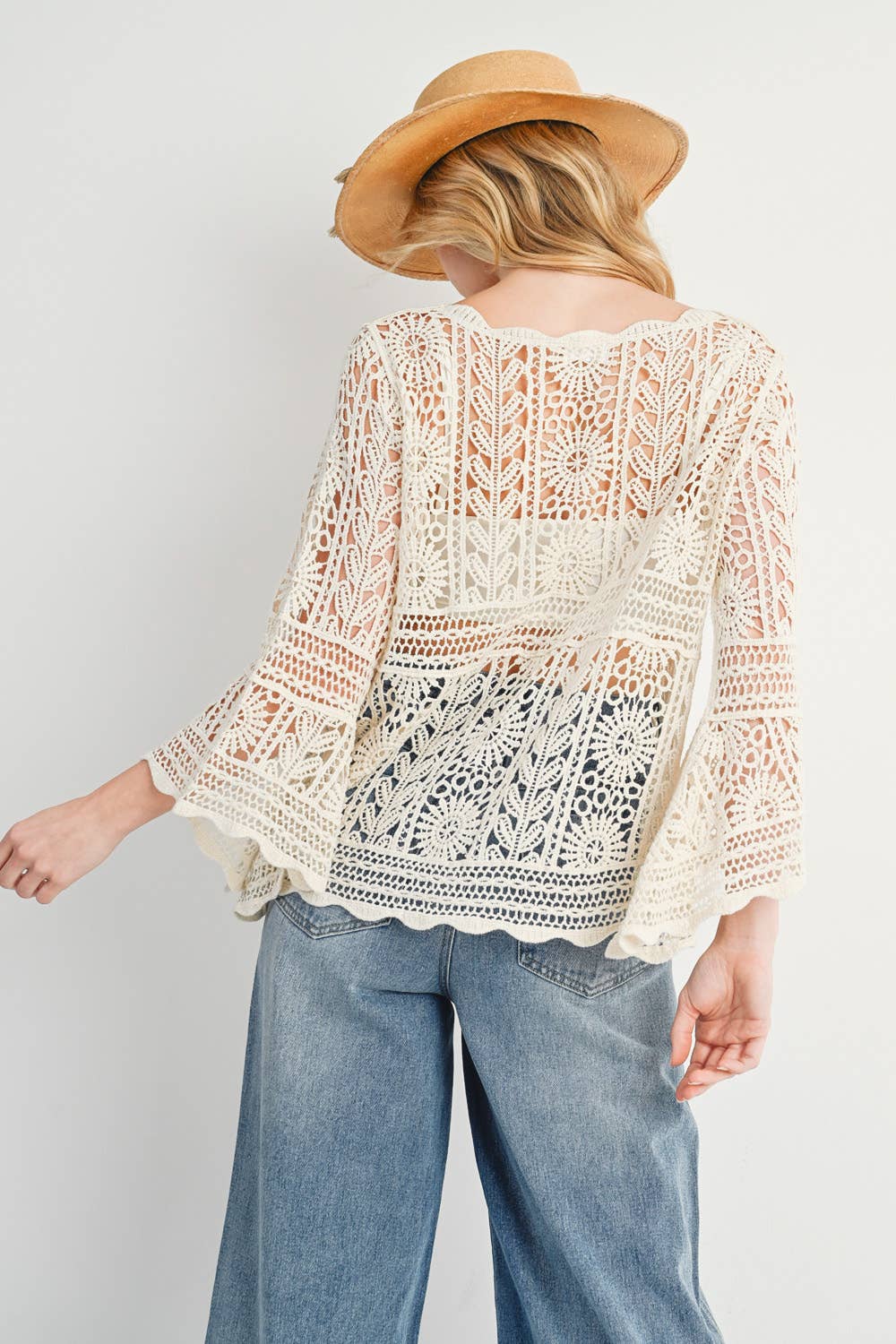 Bluivy - CROCHET SHEER BELL-SLEEVE PULLOVER TOP