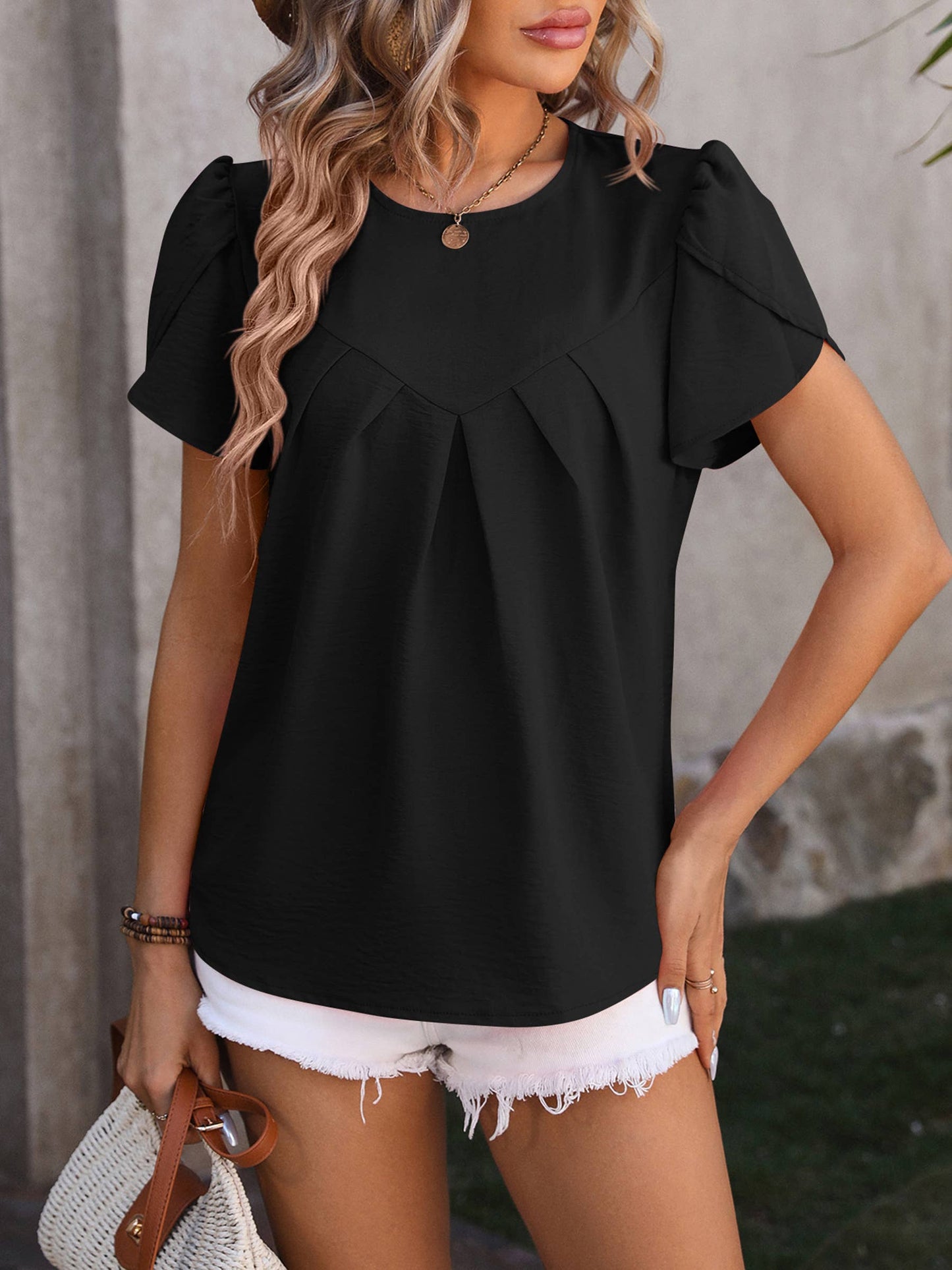 Wholesalesir - Leisure V-neck Chiffon Shirt With Flower Bud Sleeves Top