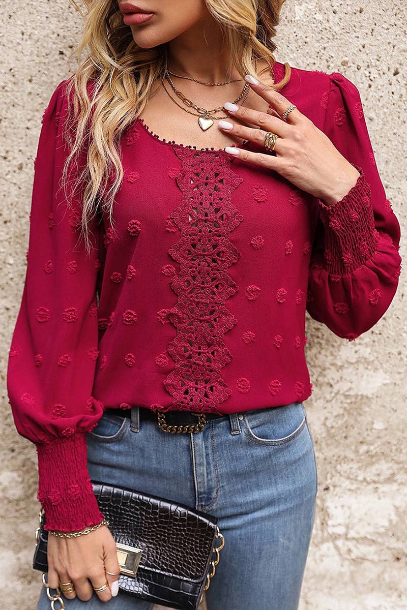 Lily Clothing - WOMEN FLORAL LACED SWISS DOT RIBBED SLEEVE BLOUSE_CWTSTL0282
