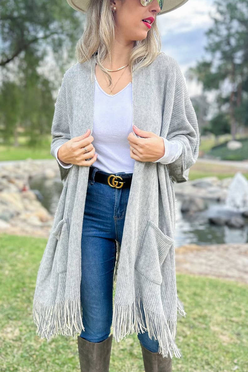 AMOLI - Grey Soft Knitted Pocket Kimono Cardigan With Fringe