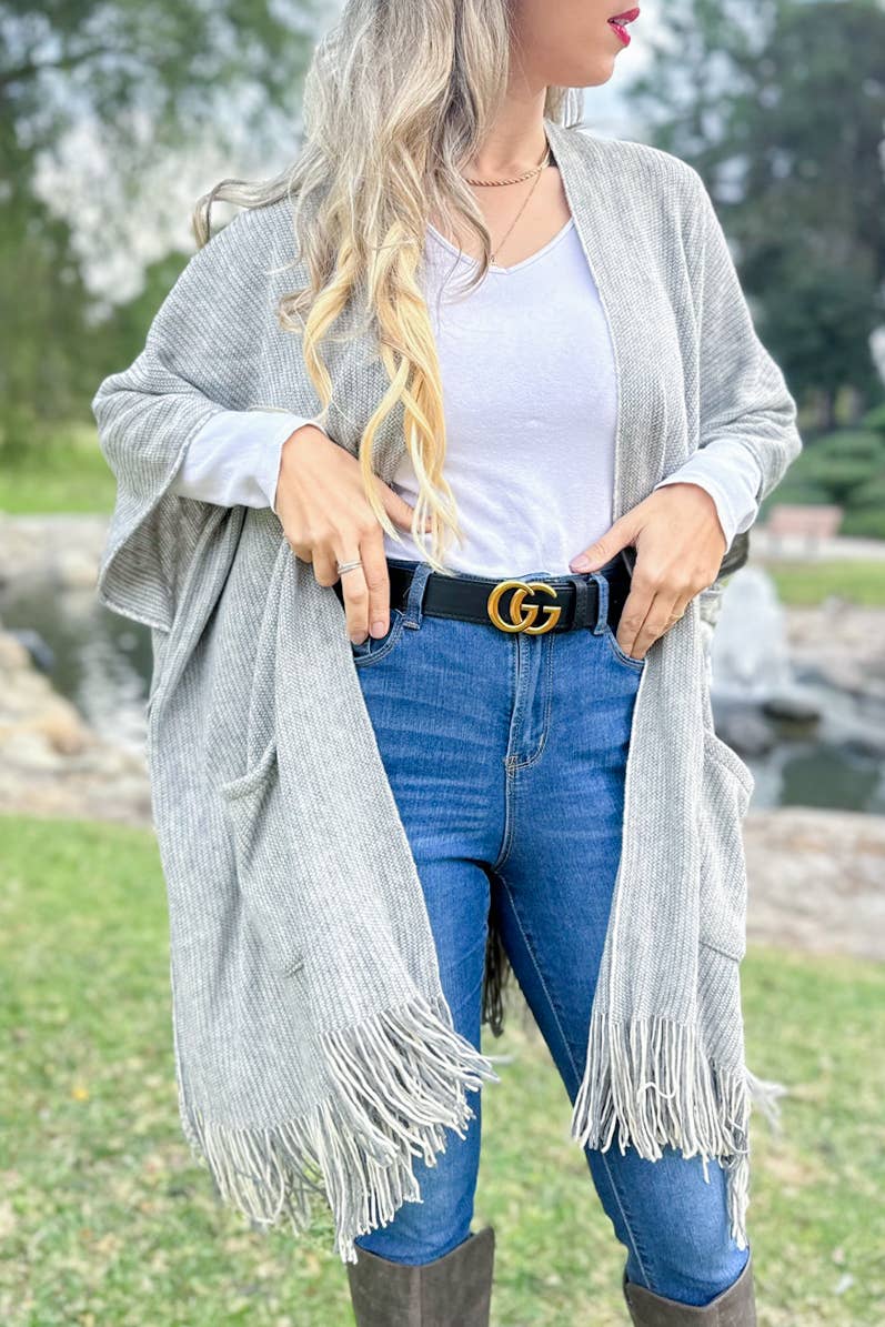 AMOLI - Grey Soft Knitted Pocket Kimono Cardigan With Fringe