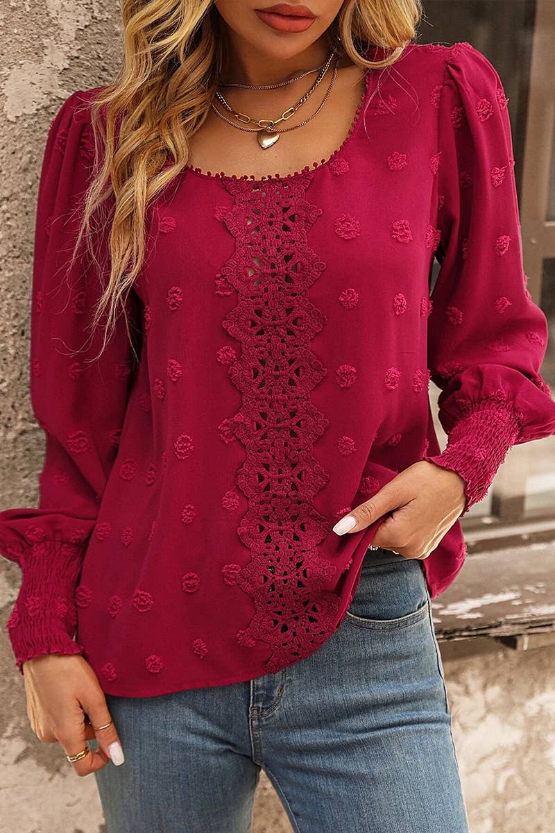 Lily Clothing - WOMEN FLORAL LACED SWISS DOT RIBBED SLEEVE BLOUSE_CWTSTL0282