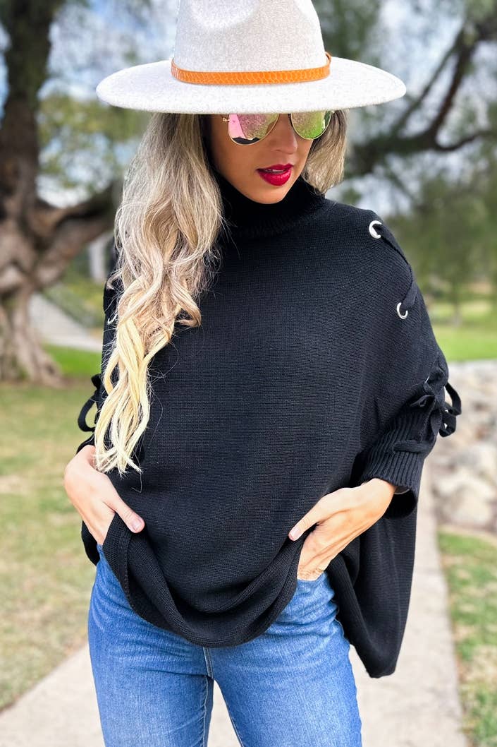 AMOLI - Black Lace-Up Sleeve Turtleneck Knitted Poncho Top