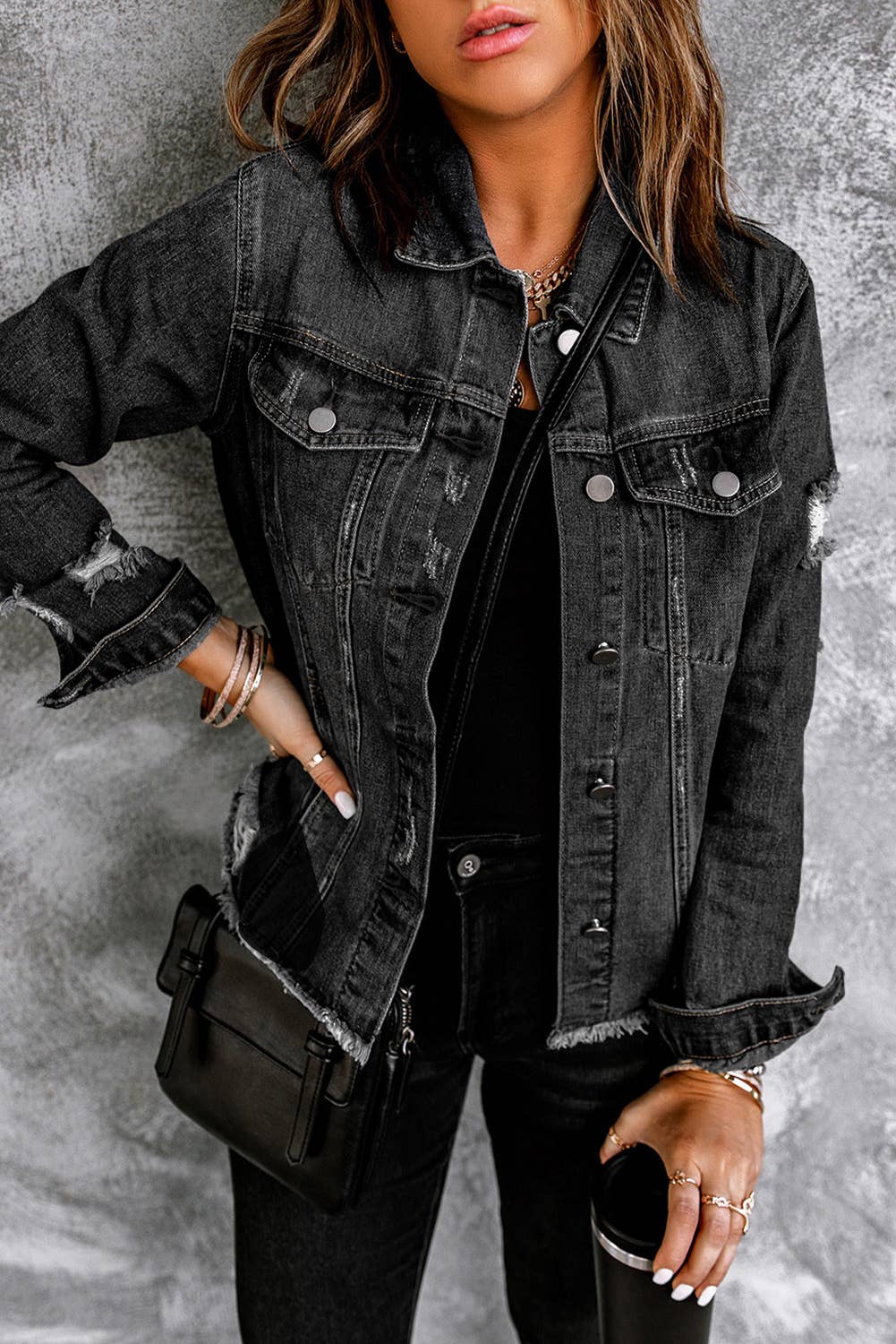 Lovesoft - Lapel Distressed Raw Hem Buttons Denim Jacket