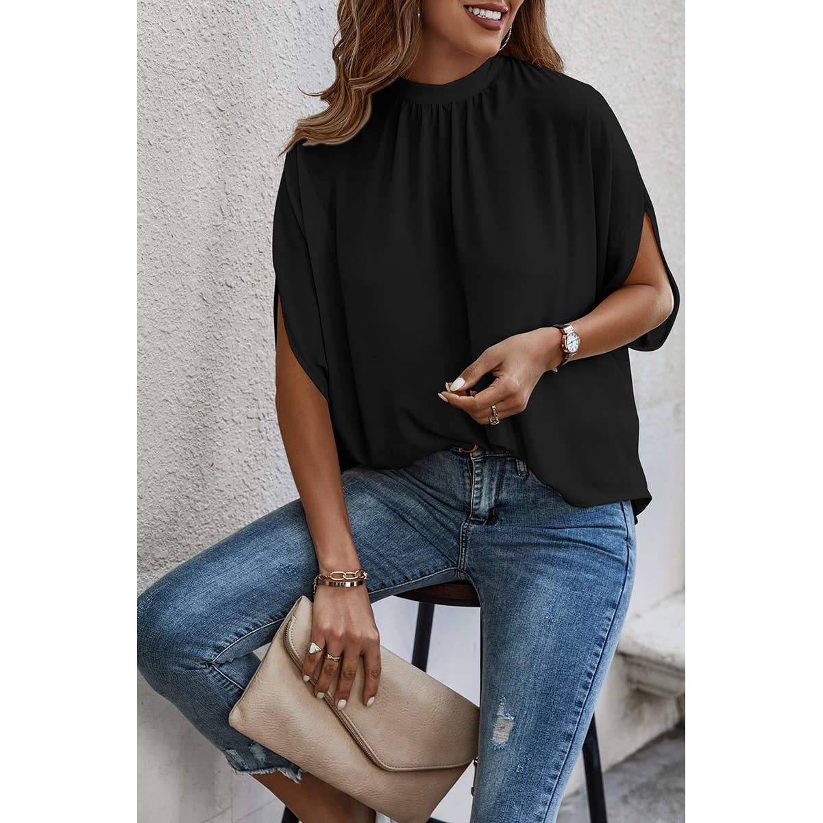 Supreme Fashion - Solid Cape Short Sleeve Loose Top