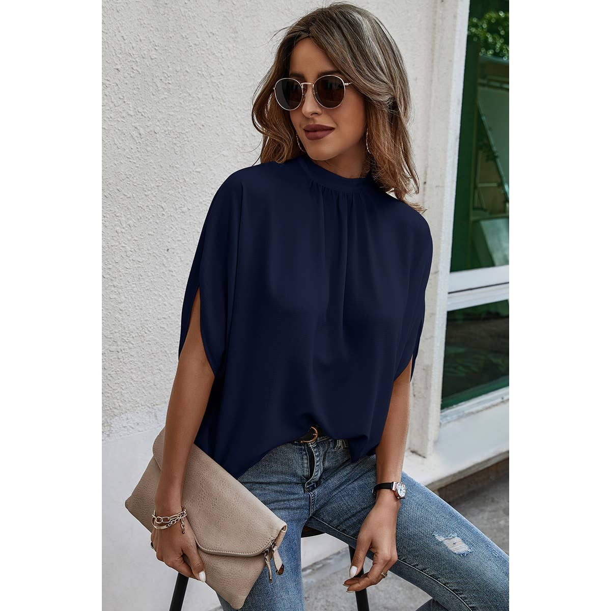 Supreme Fashion - Solid Cape Short Sleeve Loose Top