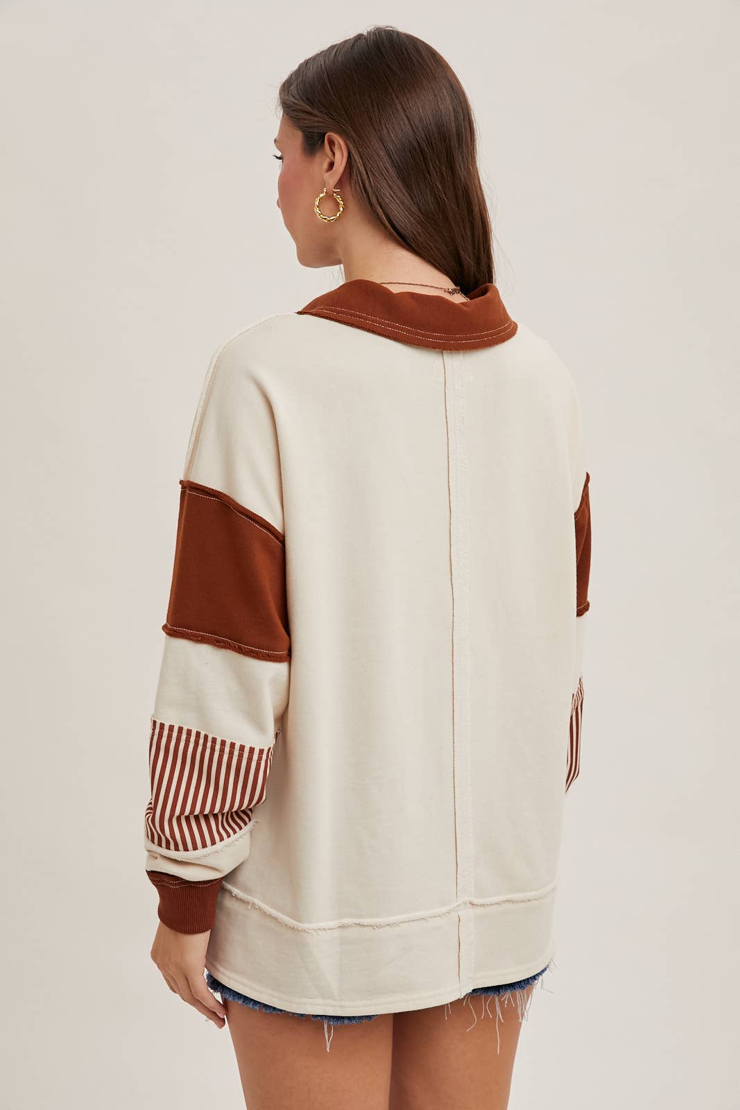 Bluivy - COLOR BLOCK CONTRAST HALF-BUTTON COLLAR KNIT TOP