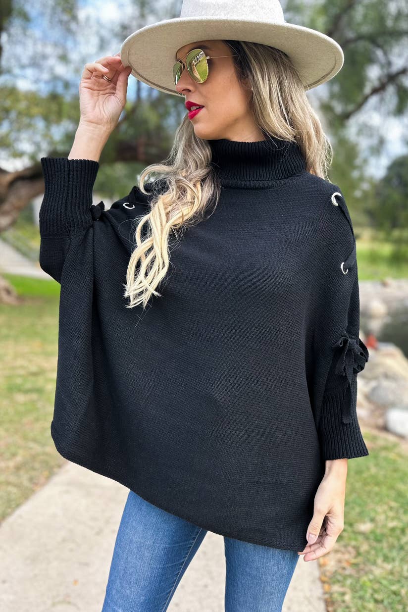 AMOLI - Black Lace-Up Sleeve Turtleneck Knitted Poncho Top