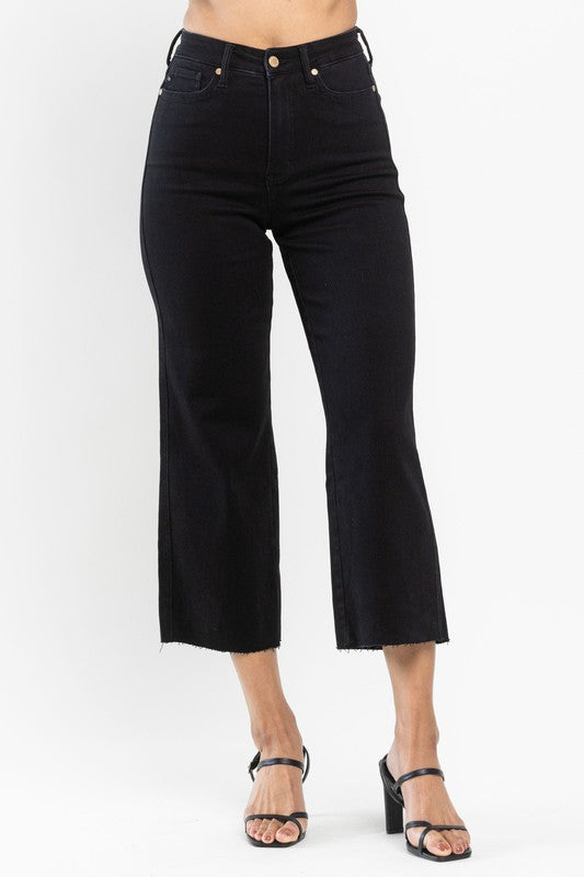 Judy Blue High Waist Tummy Control Raw Hem Crop Wide Leg
