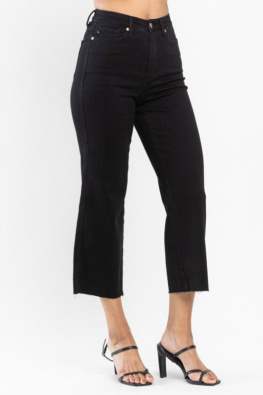 Judy Blue High Waist Tummy Control Raw Hem Crop Wide Leg
