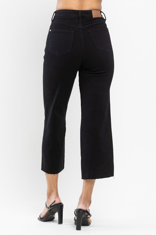Judy Blue High Waist Tummy Control Raw Hem Crop Wide Leg