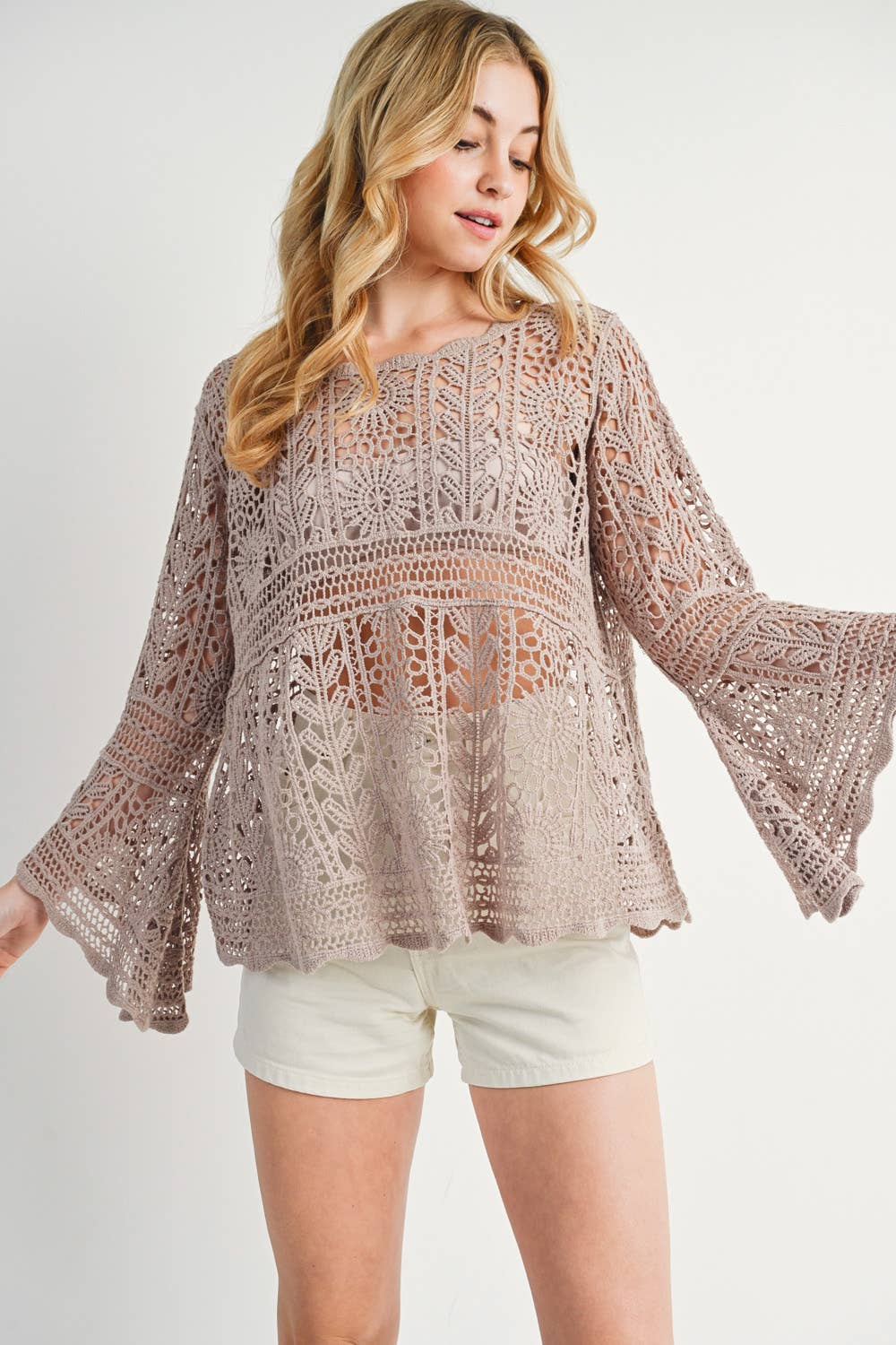 Bluivy - CROCHET SHEER BELL-SLEEVE PULLOVER TOP