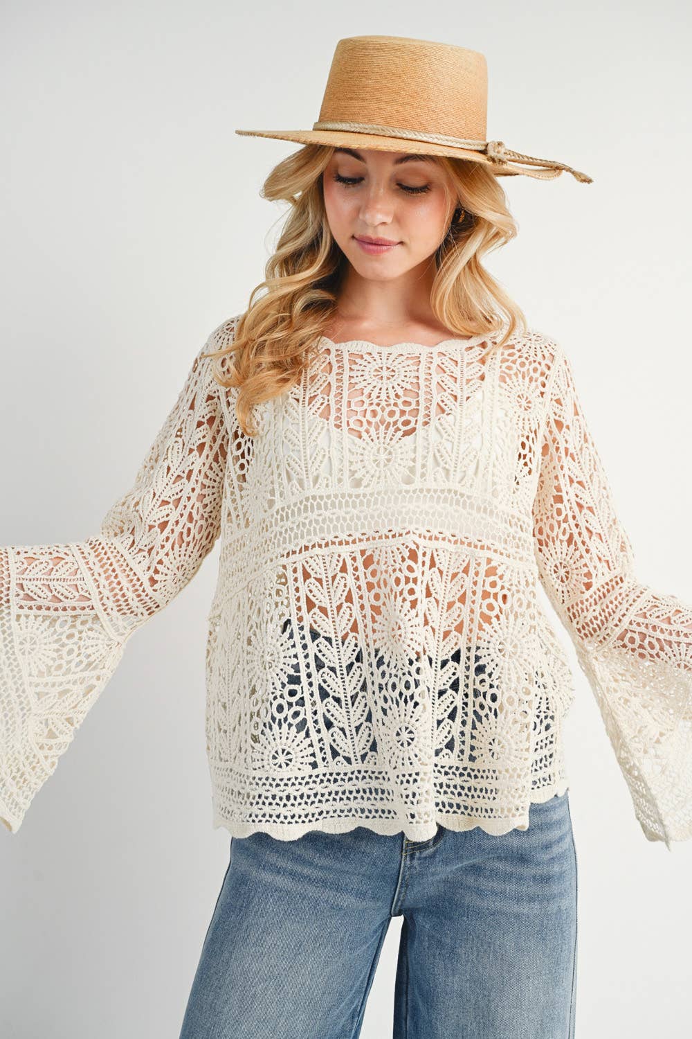 Bluivy - CROCHET SHEER BELL-SLEEVE PULLOVER TOP