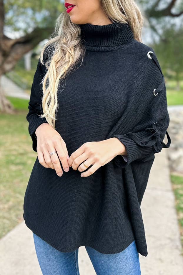 AMOLI - Black Lace-Up Sleeve Turtleneck Knitted Poncho Top