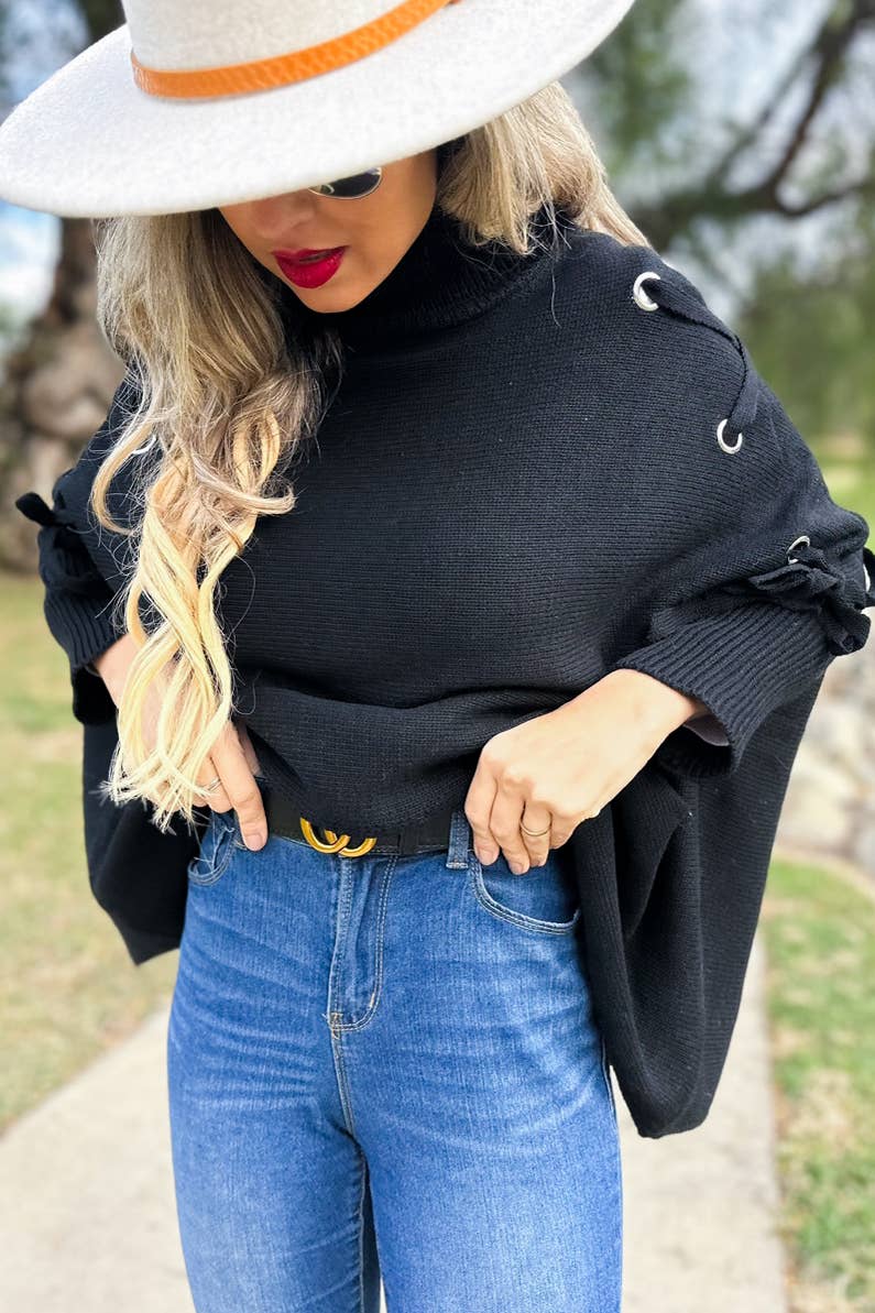 AMOLI - Black Lace-Up Sleeve Turtleneck Knitted Poncho Top