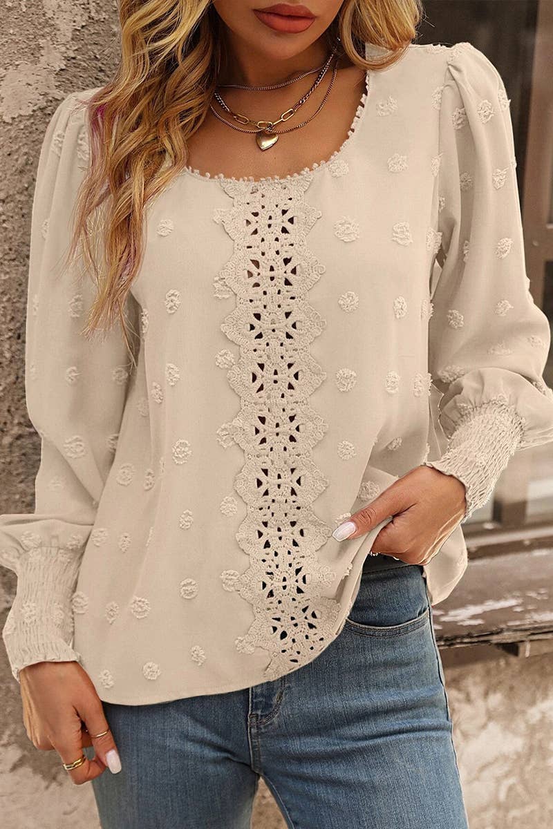 Lily Clothing - WOMEN FLORAL LACED SWISS DOT RIBBED SLEEVE BLOUSE_CWTSTL0282