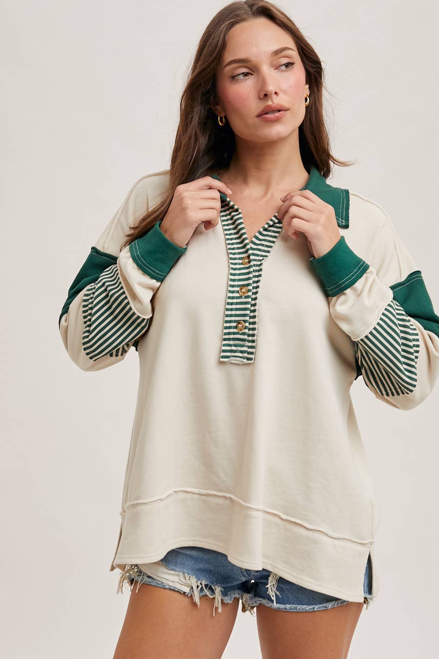 Bluivy - COLOR BLOCK CONTRAST HALF-BUTTON COLLAR KNIT TOP