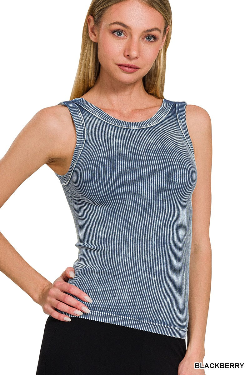 ZENANA 2 WAY NECKLINE WASHED RIBBED CROPPED TANK TOP