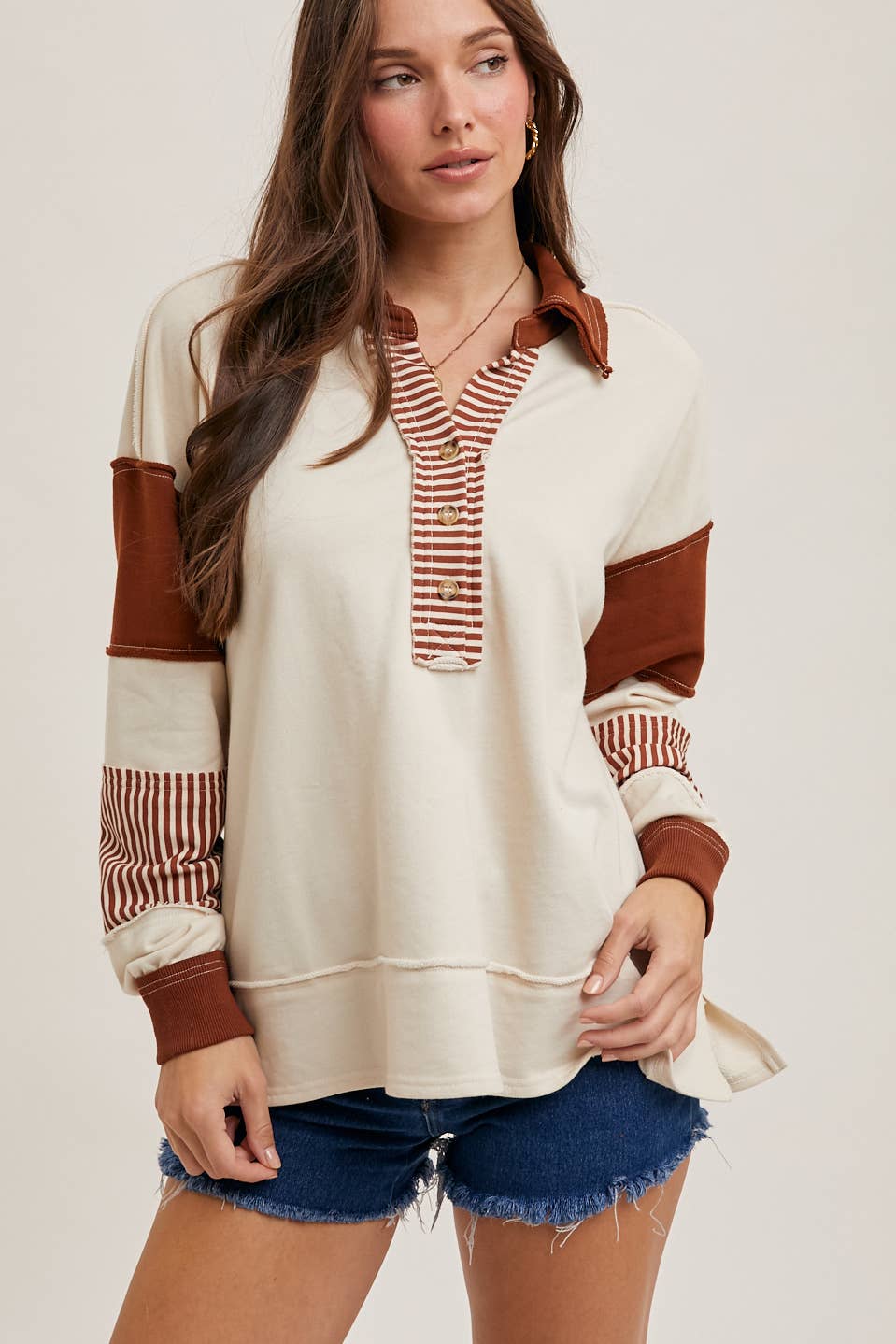 Bluivy - COLOR BLOCK CONTRAST HALF-BUTTON COLLAR KNIT TOP