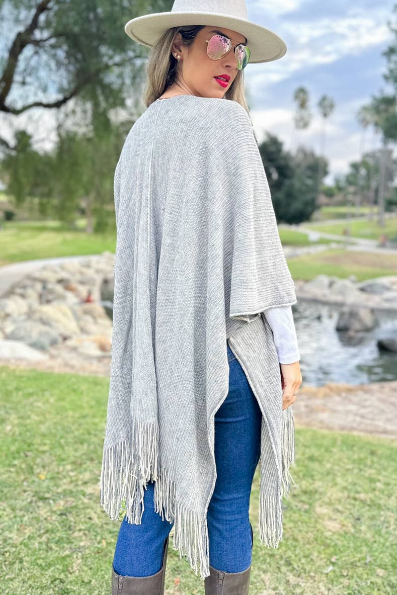 AMOLI - Grey Soft Knitted Pocket Kimono Cardigan With Fringe