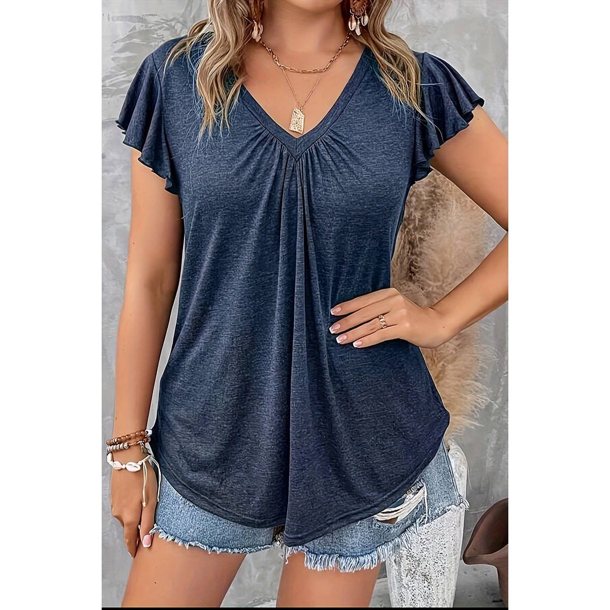 Supreme Fashion - Plus V Neck Solid Ruffle Ruched Fit Basic Top