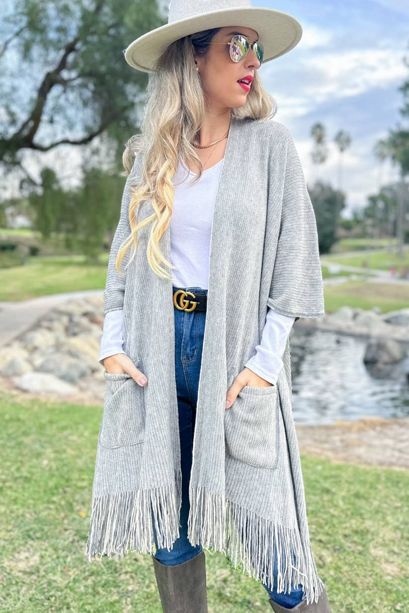 AMOLI - Grey Soft Knitted Pocket Kimono Cardigan With Fringe