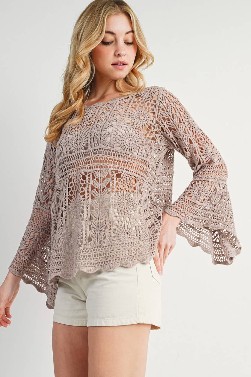 Bluivy - CROCHET SHEER BELL-SLEEVE PULLOVER TOP