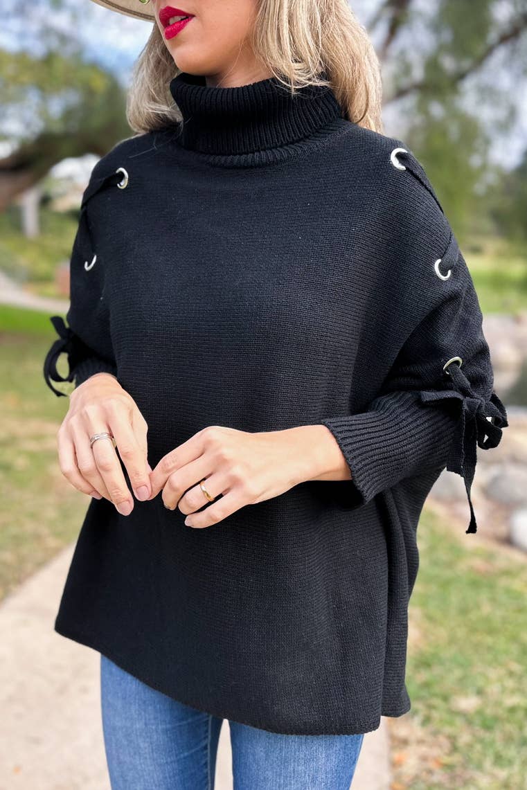 AMOLI - Black Lace-Up Sleeve Turtleneck Knitted Poncho Top