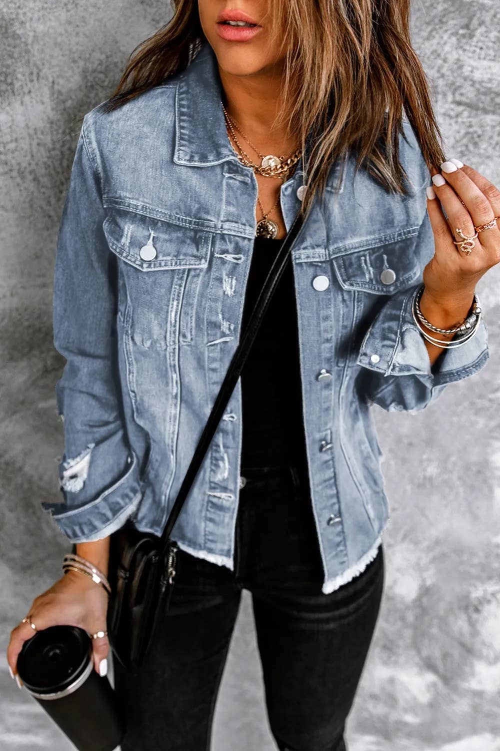 Lovesoft - Lapel Distressed Raw Hem Buttons Denim Jacket