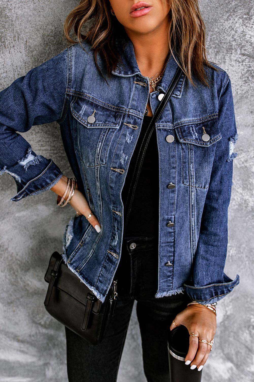 Lovesoft - Lapel Distressed Raw Hem Buttons Denim Jacket