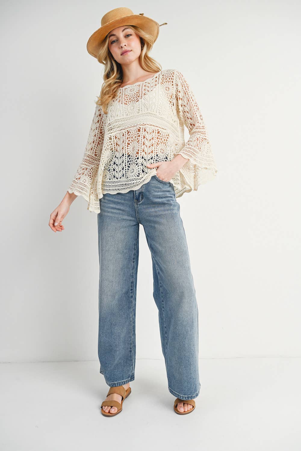 Bluivy - CROCHET SHEER BELL-SLEEVE PULLOVER TOP