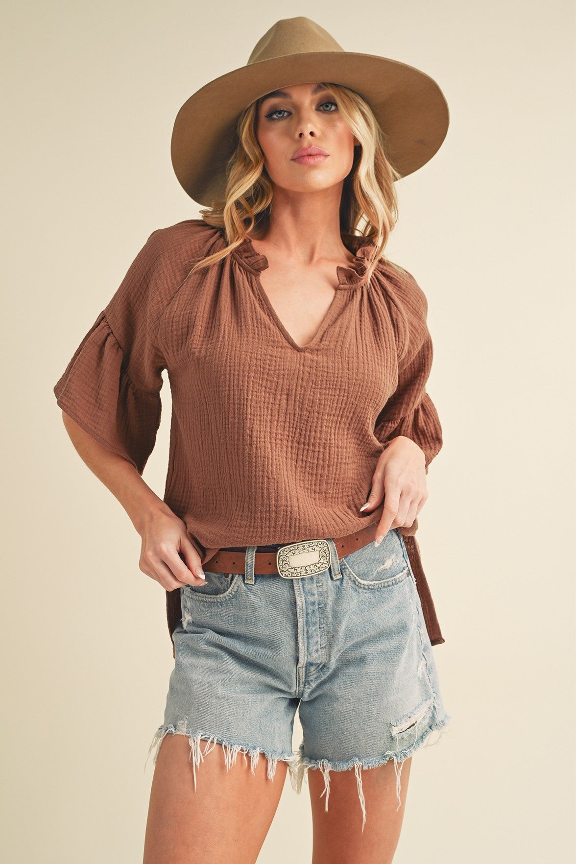 AEMI and Co Tes 3/4 Sleeve Ruffle Top
