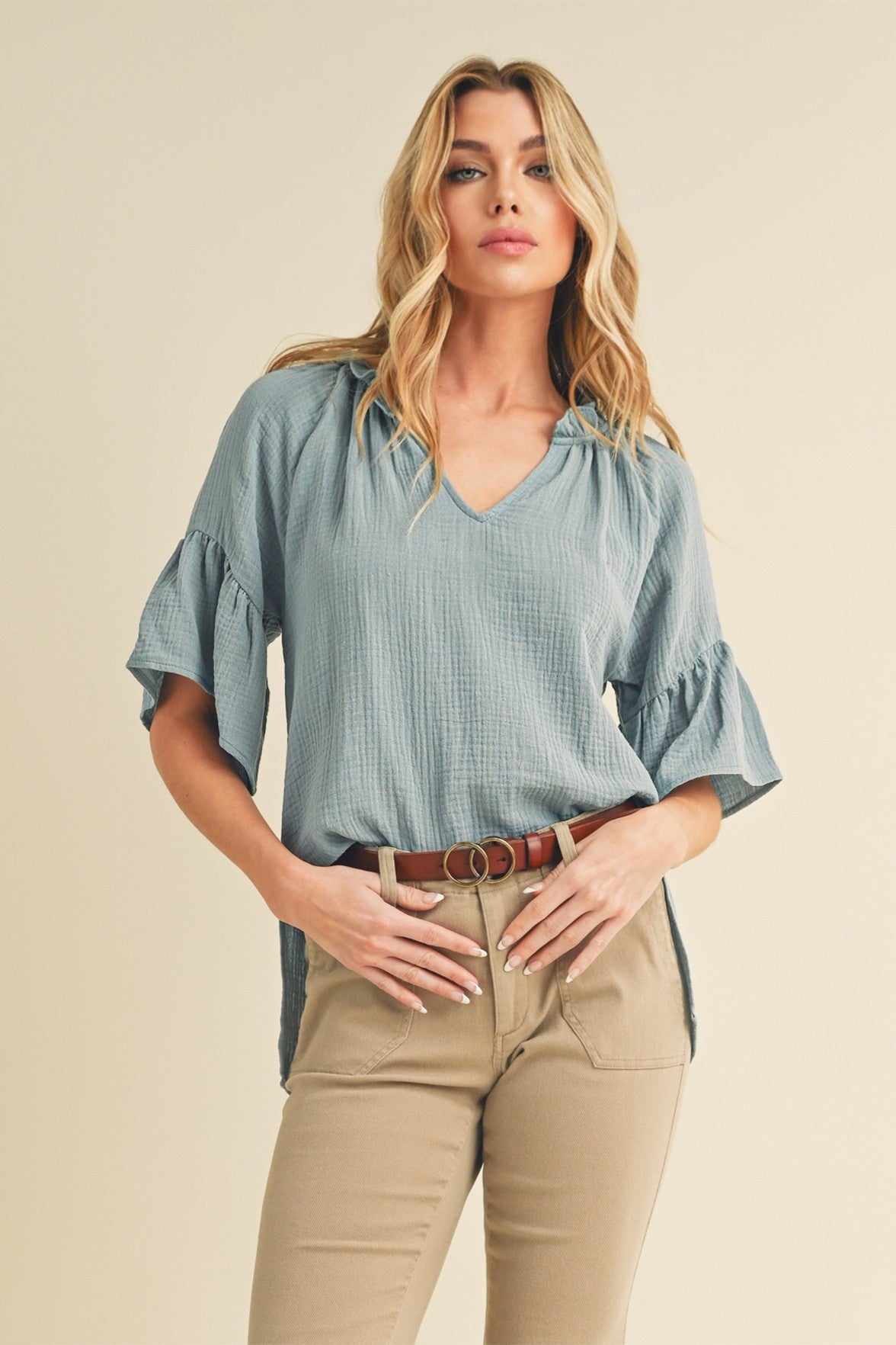 AEMI and Co Tes 3/4 Sleeve Ruffle Top